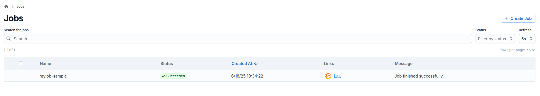 KubeRay Dashboard List of RayJobs